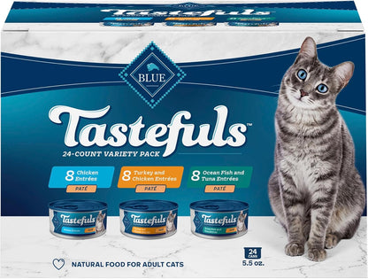 Blue Buffalo Tastefuls Wet Cat Food Paté Variety Pack (Chicken, Turkey & Chicken, Ocean Fish & Tuna) for Adult Cats, Made with Natural Ingredients, 5.5-Oz. Each (24 Cans)1