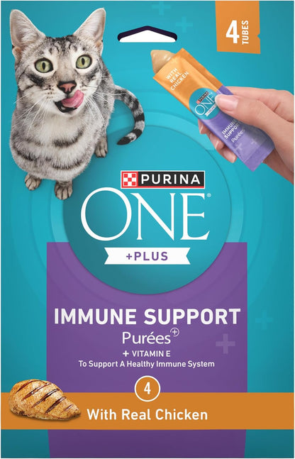Purina ONE plus Immune Support Purees with Real Chicken Lickable Cat Treats - 1.4 Oz (Pack of 4)1