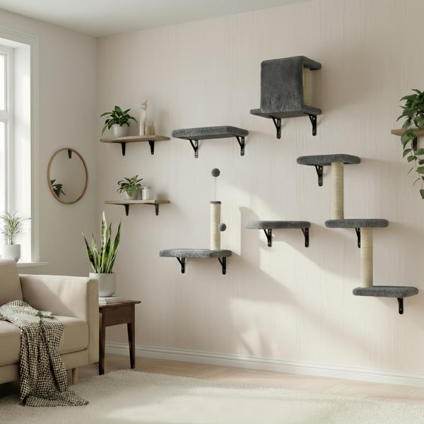 Cat Wall Shelves for Large Cats, Stable & Safe Kitty Walls Furniture Set for 40LBS Cats with Wooden Cat Climber,House, Bridge, Tree, Steps, and Scratcher for 16 Inch Drywall (Grey, 5-In-1)10