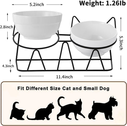 Elevated Cat Food Bowl,Ceramic Raised Water Bowl for Indoor Cats, 15°Tilted Metal Stand anti Vomiting and Protect Spines,Whisker Fatigue Feeding Dishes,Non-Slip and Dishwasher Safe5