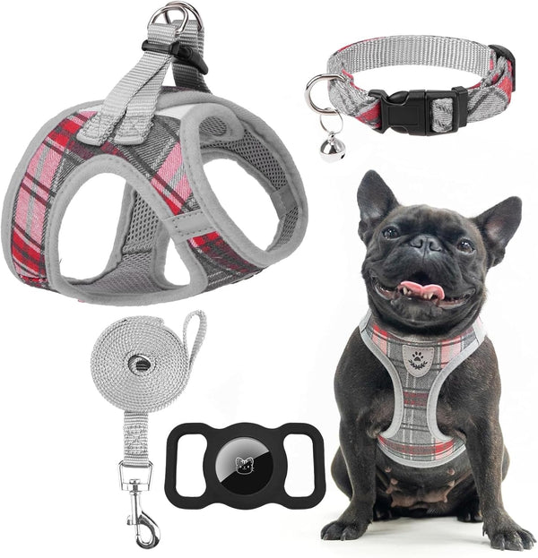 EXPAWLORER Plaid Small Dog Harness and Leash Set with Airtag Holder - No Pull Soft Padded Step in Dog Vest Harness Medium Sized Dog, Reflective Puppy Harness, Collar and Leash for Walking, Khaki S24