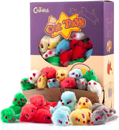 CHIWAVA 36PCS 4.1'' Furry Cat Toy Mice Rattle Small Mouse Kitten Interactive Play Assorted Color10