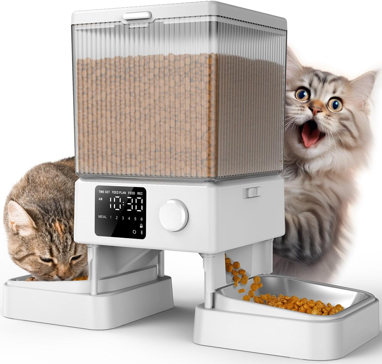 oneisall-automatic-cat-feeder-for-2-cats-pets-timed-cat-food-dispenser-20-cups-5l-prevent-fighting-precise-portion-balanced-dispense-non-slip-stable-voice-recorder-stainless-steel-bowls