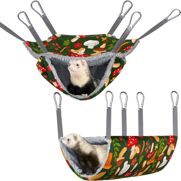Bienbee 2 Pcs Ferret Rat Hammock Set for Cage Washable Guinea Pig Hideout Bed Soft Small Animal Hammock Tunnel Toys Ferret Cage Accessories for Hedgehog Sugar Glider Squirrel Hamster, Green Mushroom1