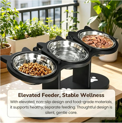 2026 New Anti-Slip Elevated 3-Bowl Pet Feeder, Cat Bowls with Stand Tilted, Stainlesssteel Cat Feeding Station, Ergonomic Elevated Cats Bowls with Wooden Base, Pet Feeding Station for Food & Water (E)3