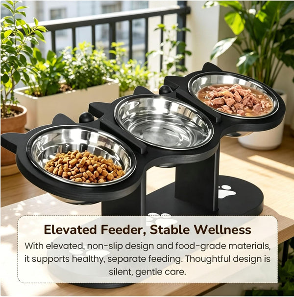 2026 New Anti-Slip Elevated 3-Bowl Pet Feeder, Cat Bowls with Stand Tilted, Stainlesssteel Cat Feeding Station, Ergonomic Elevated Cats Bowls with Wooden Base, Pet Feeding Station for Food & Water (E)3
