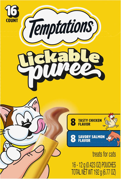 Temptations Creamy Puree Cat Treats, Chicken, Salmon & Tuna, 24 Count | under 15 Calories per Tube, Great for Senior Cats, No Chewing Required, No Added Sugar, Fillers, or Artificial Preservatives35
