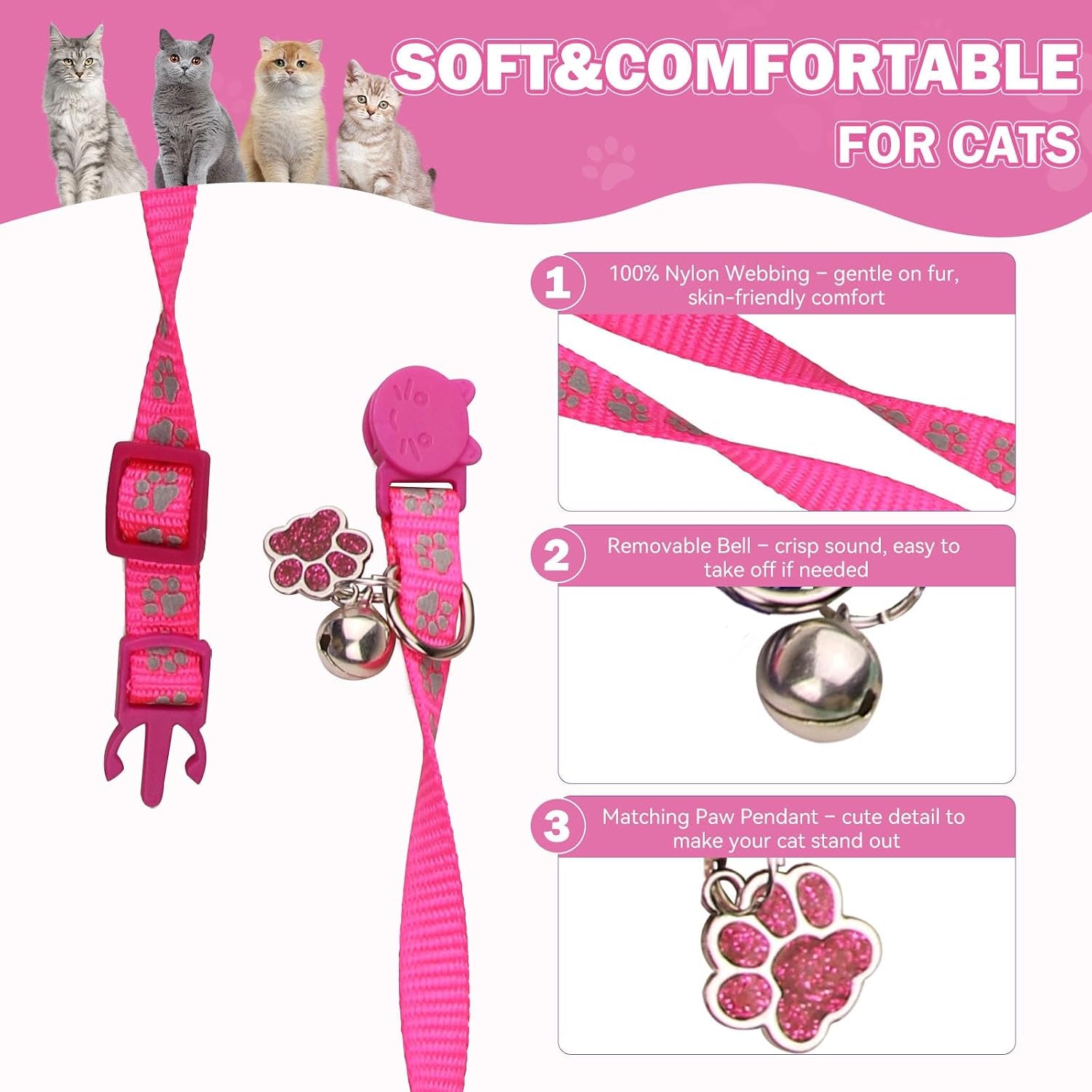 4pcs-breakaway-cat-collars-reflective-cat-collar-with-bells-kitten-collars-for-boy-girl-cats-breakaway-collar-for-cats-with-paw-pendant-6-9-inchpurple-hotpink-red-teal