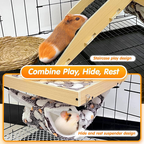 Guinea Pig Hideout，Natural Wood Removable Guinea Pig Bed, Small Animal Habitat with Hanging Hammock/Staircase/Cushion, Suitable for Small Animals to Hide, Rest, Play3