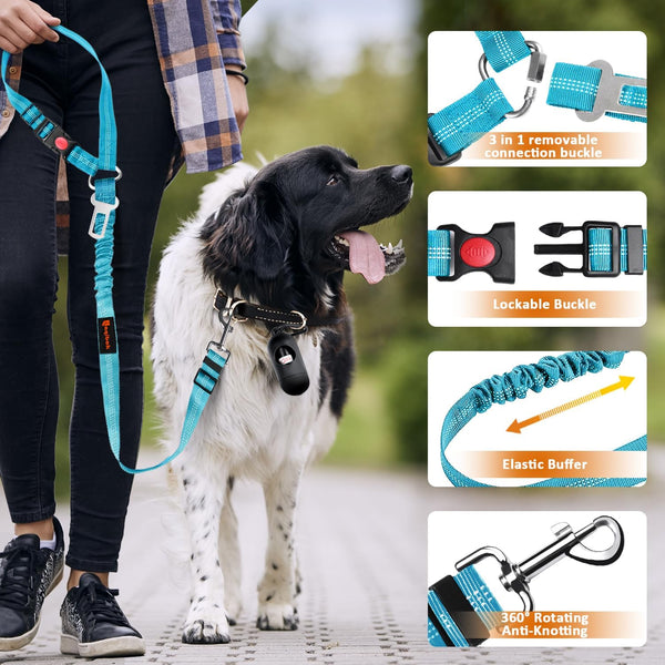Removable Dog Seat Belt Harness for Car, 3 in 1 Pet Dog Car Seatbelt Leash, Retractable Restraint Secures to Vehicle Headrest & Adjustable Reflective Bungee Dog Seatbelt Tether, Blue and Black | Retractable Headrest-Mounted,Restraint & Adjustable Reflective Bungee Dog Seatbelt Tether,Blue and Black5