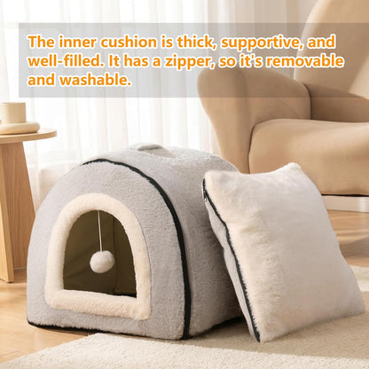 Cat Bed for Indoor Cats，Foldable Cat Cave，Anti-Slip & Water-Resistant Bottom，Cat Houses for Indoor Cats or Small Dogs, Kitten Tent, Rabbit Bed，2 in 1 Pet Bed (Grey)4