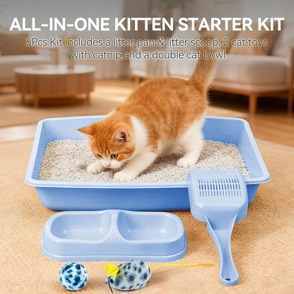 Blue Cat Litter Box Set, Small Cat Kitten Starter Kit with Litter Scoop, Cat Bowl, Kittens Toy; Heated Cat Bed Indoor, Microwavable Heating Pads for Cats with 2 Cozy Covers2