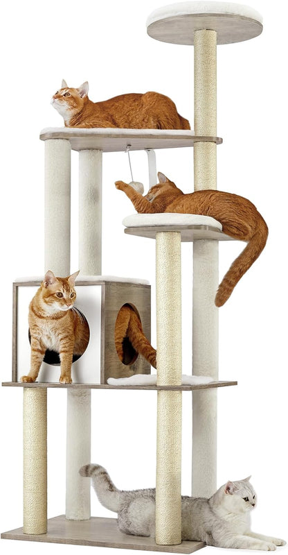 Feandrea Cat Tree, 64.6-Inch Modern Cat Tower, Multi-Level Condo with 5 Scratching Posts, Perch, Washable Removable Cushions, Cave, Rustic Brown UPCT166X0113