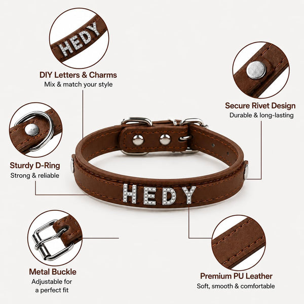 Customized Dog Collar and Leash Set with Name, Rhinestone Letter PU Leather Collar, Adjustable Bling Pet Collar with Crown & Paw Charms for Dogs, Brown9