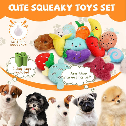 Cheerful 20-Pack Squeaky Dog Toys Set - Included 4 Dog Bags, Plush Puppy Toys with Irresistibly Cute Characters for Small Dogs, Interactive Dog Squeak Toys for Fun&Teeth Cleaning2