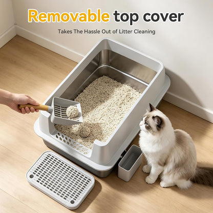 XL Enclosed Stainless Steel Litter Box with Lid, Light Gray | Covered, High Sided, Rustproof & Leak Proof, Easy Clean, Odor Control, Includes Scoop & Step8