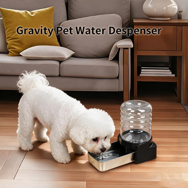 PAKEWAY 1.1 Gallon Gravity Water Dispenser for Cats and Small Dogs, Automatic Pet Waterer with Stainless Steel Bowl, Transparent Tank and 3 Filters, 4.1L8