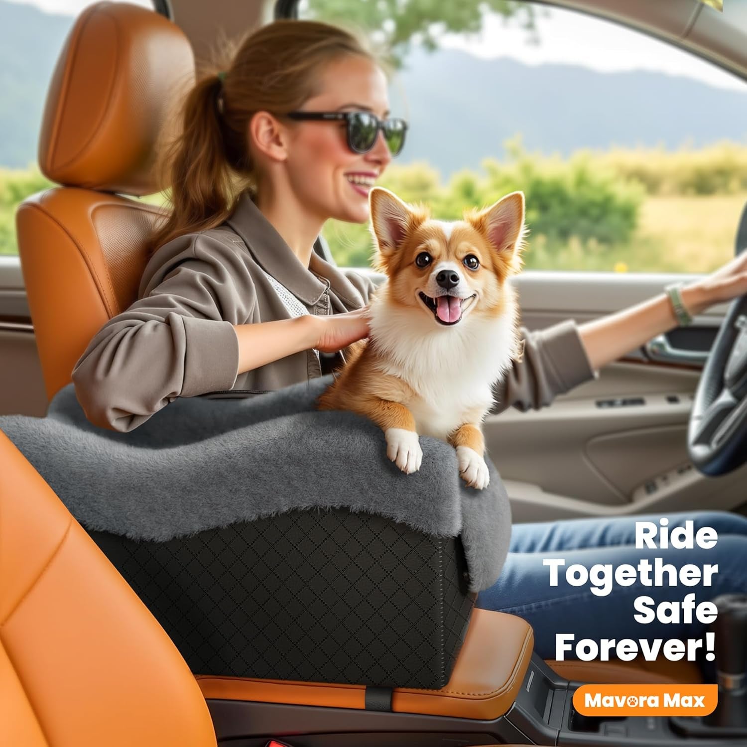 center-console-dog-car-seat-for-small-dogs-under-11lbs-grey-anti-collapse-safety-tether-faux-rabbit-fur-lined-pu-leather-cover-washable-puppy-seat-for-suv-truck-ideal-for-travel