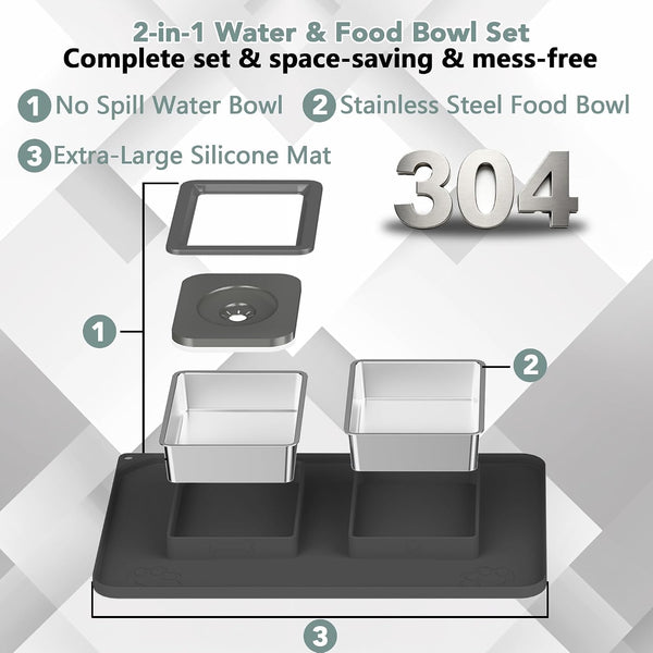 Dog Bowl Set, No Spill Dog Water and Food Bowl with Silicone Mat | Large Capacity 304 Stainless Steel Bowls, 2-In-1 Set, Slows Drinking, Anti-Slip Silicone Feeding Mat, Home/Travel, 6-7 Cups6