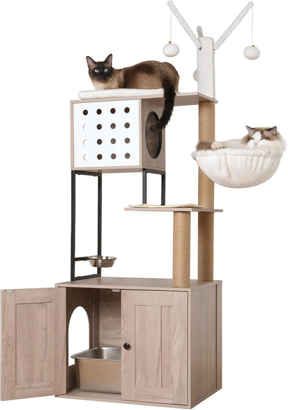 Cat Tree & Litter Box Enclosure,Modern All-In-One Indoor Cats Tower with Large Platform, Cat Condo with Wood House, Food Station, Hammocks (23.6”)9