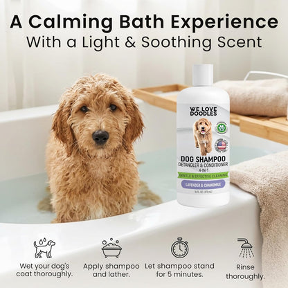 Dog Shampoo, Conditioner & Detangler, Hypoallergenic Tearless Lavender 16OZ | for Sensitive Itchy Skin, Best Shampoo for Smelly Dogs, Goldendoodle, Poodle & Doodle, Puppy Pet Wash Soap, USA Made, 4-In-15