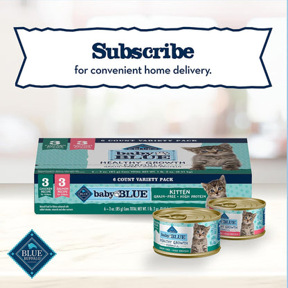 Blue Buffalo Baby Blue Natural Kitten Wet Cat Food Paté Variety Pack, Healthy Growth Formula with DHA, High-Protein & Grain-Free, Chicken and Salmon Recipes, 3-Oz Cans (6 Count, 3 of Each)11