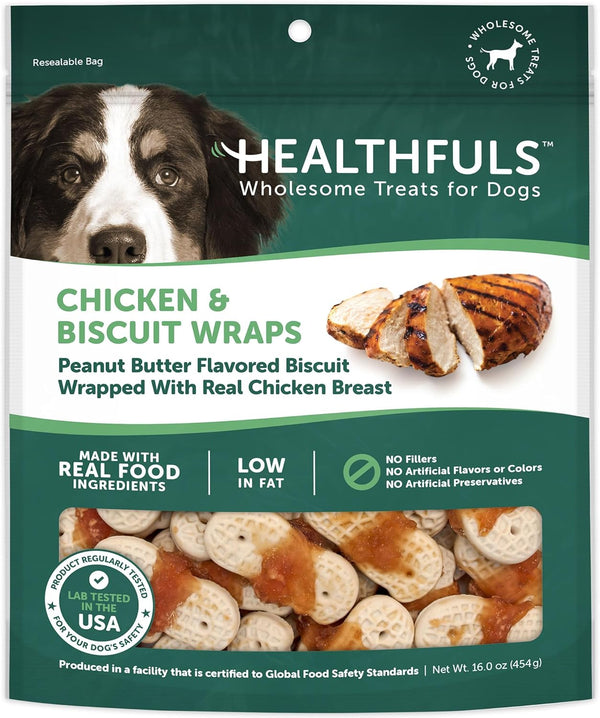 HEALTHFULS Chicken & Peanut Butter Healthy Dog Treats – High-Protein, Low-Fat, Biscuit Wraps with Real Peanut Butter – 16 Oz1