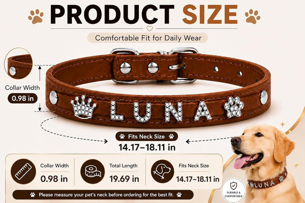 Customized Dog Collar and Leash Set with Name, Rhinestone Letter PU Leather Collar, Adjustable Bling Pet Collar with Crown & Paw Charms for Dogs, Brown4