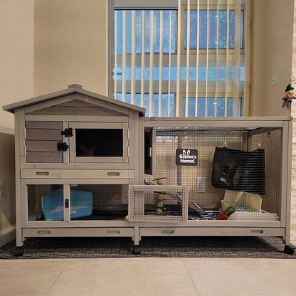 Bunny Cage Indoor and Outdoor Rabbit Hutch with Casters Waterproof Roof, Pull Out Tray from Back and Front 61.2" L X 22.6" W X 33.5" H1