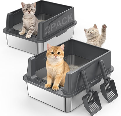2PACK Stainless Steel Litter Box, Extra Large Litter Boxes for Big Cats, XL Metal Cat Litter Box with Lid High Sides, Anti-Urine Leakage, Non-Sticky, Scoop Included8