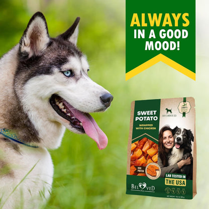 Beloved Pets Sweet Potato Dog Treats & Healthy Chicken Chews 10.6 Oz - Puppy Snacks & Soft Bones for Large, Medium & Small Breeds - Natural Dog Food & Grain-Free, Rawhide-Free Training Jerky Wraps8