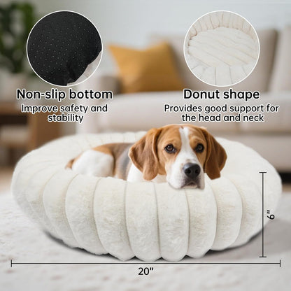 Donut Dog and Cat Bed, Luxurious Comfortable Faux Rabbit Fur Pet Beds, round Anti-Anxiety Calming Puppy Kitten Bed with Anti-Slip Bottom for Small Medium Dogs & Cats(20", White)4