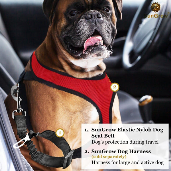 Sungrow Elastic Nylon Dog Seat Belt, 24” - 36”, Adjustable Black Harness, Elastic Tether with Metal Buckles, 2 Pcs per Pack6