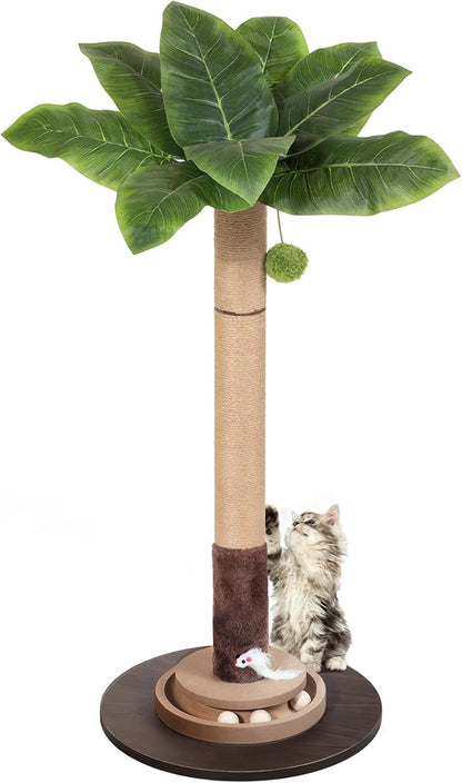 35" Sisal Rope Cat Scratching Post, Palm Leaf Cat Tree with Hanging Ball & Mouse Toy for Kittens & Adult Indoor Cats1