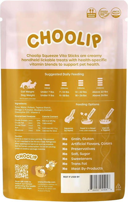 Choolip Squeeze Vita Stick Lickable Cat and Dog Treats, 7-Count Kidney Support, Tuna and Pollack with Pumpkin, Blueberry and Omega-3, Grain-Free, Vet-Formulated9