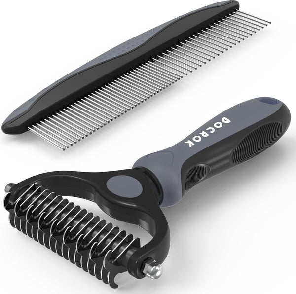 Docrok Pet Grooming Combo - Blue Deshedding Brush with Metal Comb for Detangling and Dematting Long, Matted Fur on Cats and Dogs9