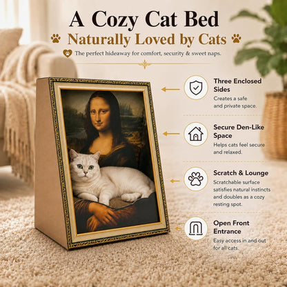 Mona Lisa Cat Bed 3-In-1 Cardboard Cat House with Scratching Pad & Cozy Hideout, Artistic Cat Furniture for Indoor Cats, Decorative Cat Condo for Home Décor Easy Setup, Novelty Gift for Cat Lovers3
