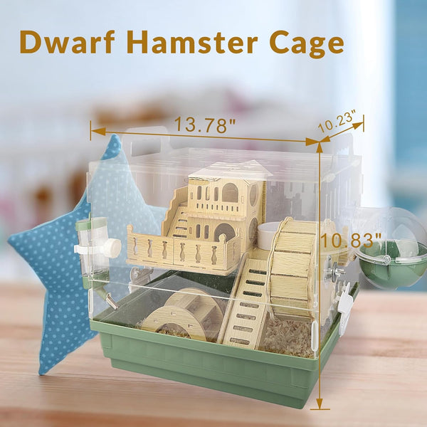 Cycodo 8 in 1 Acrylic Hamster Cage,2-Tier Dwarf Hamster Cage with Wooden Wheel & Hideout,Small Hamster Habitat with Accessories,Clear Pet Mice House(Green,14" L*10" W*11" H)4