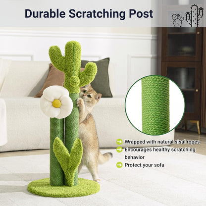 Happi N Pets 33" Tall Cactus Cat Scratching Post for Large Cats, Heavy Duty Double Scratch Posts with Flower & Crinkle Leaves, Cactus Cat Tree with 2 Bonus Toy & Catnip, Green Stable Scratching Post4
