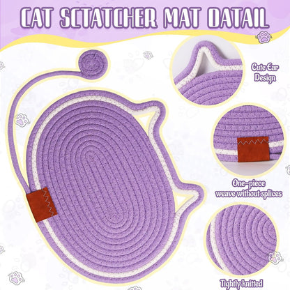 2 PC Cat Scratcher Mat - Natural Cotton Rope Oval Horizontal Scratch Pad (11''X13.7'') with Dangling Ball Toy, Cat Ear Design, Furniture Protector for Floor/Wall, Durable Handmade (Balck, 2 PC)3