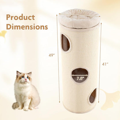 Tangkula 4 Story Cat Tree Condo, 49” Barrel-Shaped Cat House with Detachable Sisal Scratching Board, 3 Hideaways & Removable Soft Top Plush Bed, Interior Bamboo Mat, Modern Cat Tower for Indoor Cats4