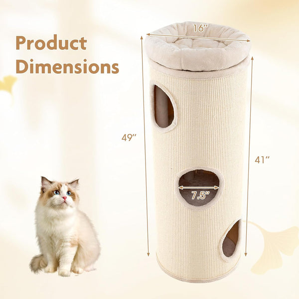 Tangkula 4 Story Cat Tree Condo, 49” Barrel-Shaped Cat House with Detachable Sisal Scratching Board, 3 Hideaways & Removable Soft Top Plush Bed, Interior Bamboo Mat, Modern Cat Tower for Indoor Cats4