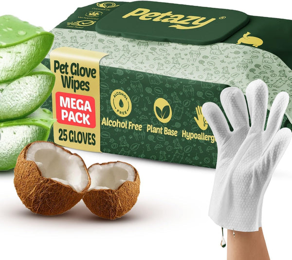 Petazy Pet Glove Wipes for Dogs & Cats – Hypoallergenic Thick Cleaning Gloves with Aloe & Coconut Oil for Paws, Face, Ears & Butt, Instant No Rinse Grooming Wipes to Deodorize and Hydrate, 25 Pack1