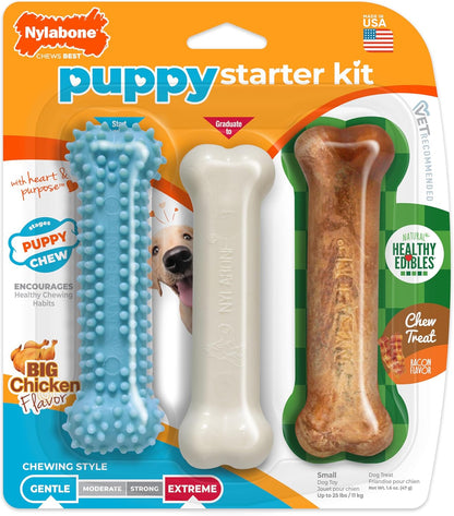 Nylabone Puppy Starter Kit, Dog Chew Toys & Chew Treat, Blue, 3 Count | Small Breeds, Chicken & Bacon Flavor, 2 Chew Toys, 1 Natural Treat, Teething Toys for Puppies, Puppy Enrichment, up to 25 Lbs1