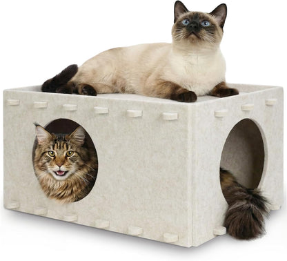 Cat House for Indoor Cats, Scratch Resistance Cat Cave Bed, Felt Peekaboo Cat Hideaway for Large & Multiple Cats up to 22Lbs, Cream1