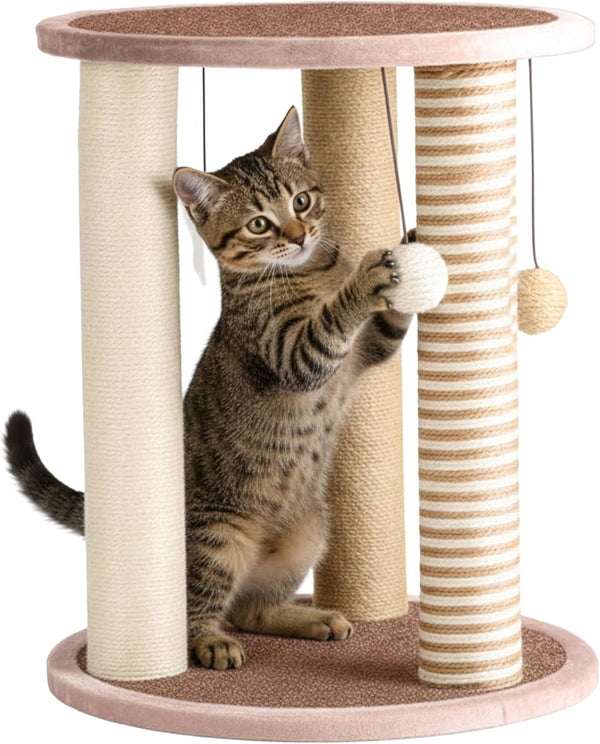 Cat Scratching Post - 3 Scratcher Posts with Carpeted Base Play Area and Perch - Furniture Scratching Deterrent for Indoor Cats by PETMAKER (Brown), Large1