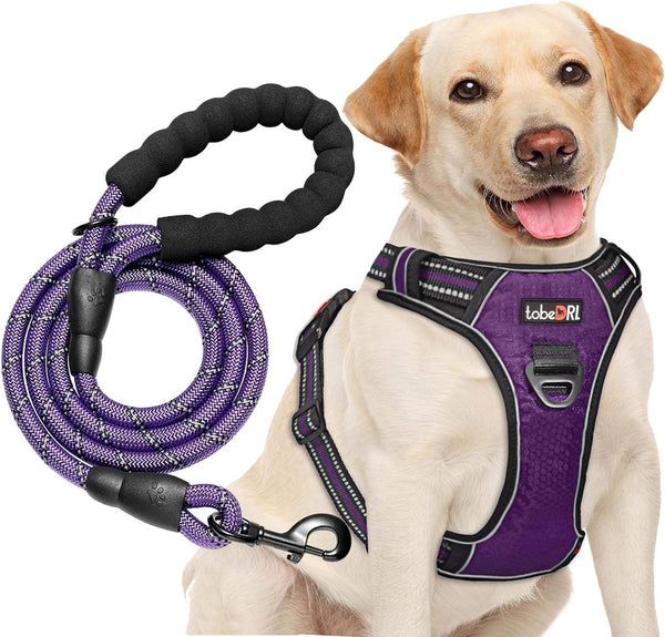 Tobedri No Pull Dog Harness Adjustable Reflective Oxford Easy Control Medium Large Dog Harness with a Free Heavy Duty 5Ft Dog Leash, Blue, M13