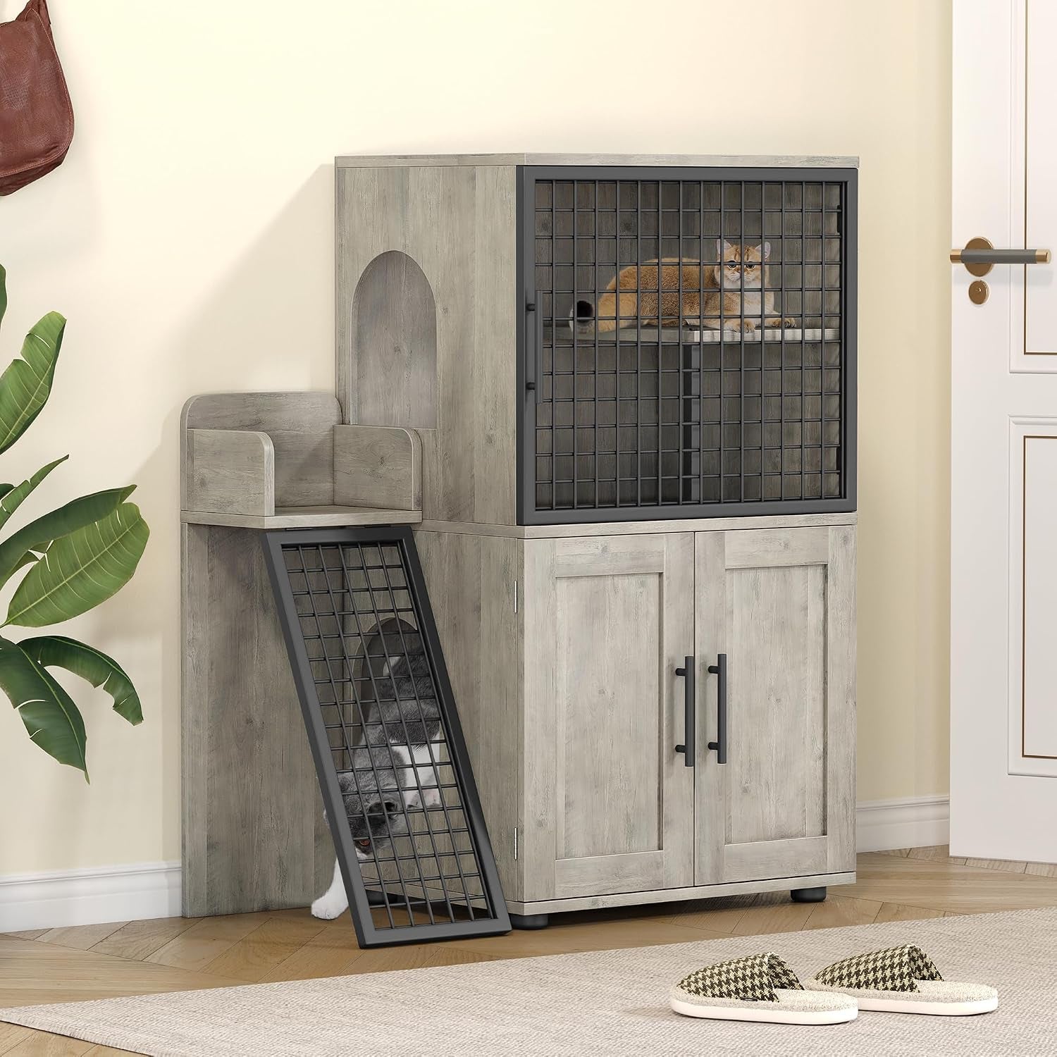 idealhouse-modern-cat-litter-box-enclosure-with-platform-double-layer-hidden-litter-box-indoor-washroom-villa-cat-house-with-ladder-33-5-l-x-17-9-w-x-41-9-h-dark-grey