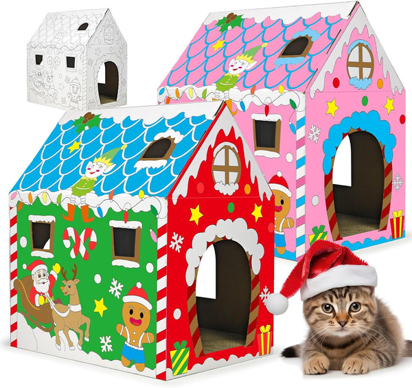 Cinrobiye Cardboard Cat House with Scratcher, Indoor Cat Condo Cat Cave Hideout with Scratch Pad, Cardboard Cat Playhouse Bed for Cats, Kittens, Rabbits & Small Pets (Mushroom)9