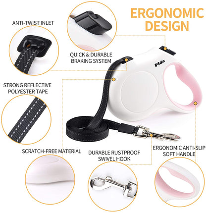 Fida Retractable Dog Leash for Small Breed up to 26 Lbs, 16 Ft Pet Walking Leash with Dispenser and Poop Bags, Anti-Slip Handle, Reflective Strong Nylon Tape, One-Handed Brake (S, White & Pink)3